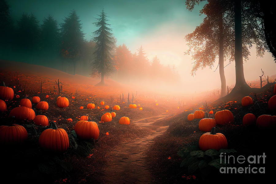 Pumpkin Photograph - Halloween pumpkin in dark forest with haze. Scary wood on hallow #1 by Jelena Jovanovic