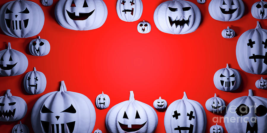 Halloween Pumpkins On Red Background Photograph