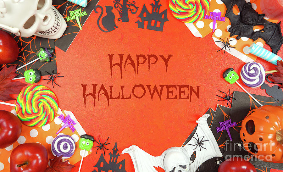 Halloween Trick or Treat desktop background blog header overhead flat lay. #1 Photograph by Milleflore Images