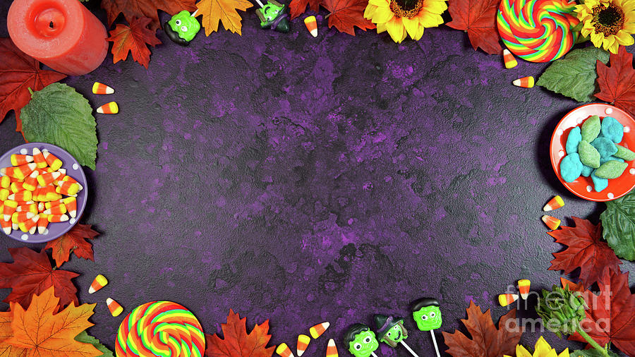 Halloween Trick or Treat desktop workspace blog header overhead flat lay. #1 Photograph by Milleflore Images