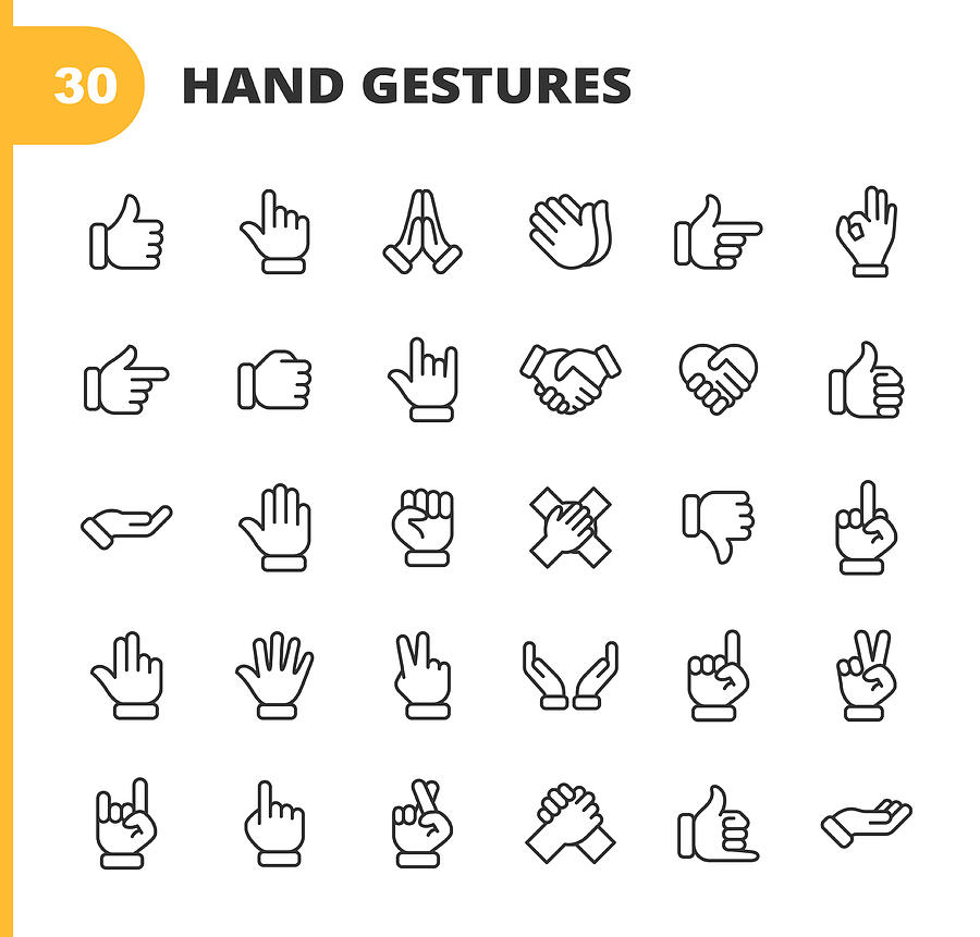 Hand Gestures Line Icons. Editable Stroke. Pixel Perfect. For Mobile and Web. Contains such icons as Gesture, Hand, Charity and Relief Work, Finger, Greeting, Handshake, A Helping Hand, Clapping, Teamwork. Drawing by Rambo182