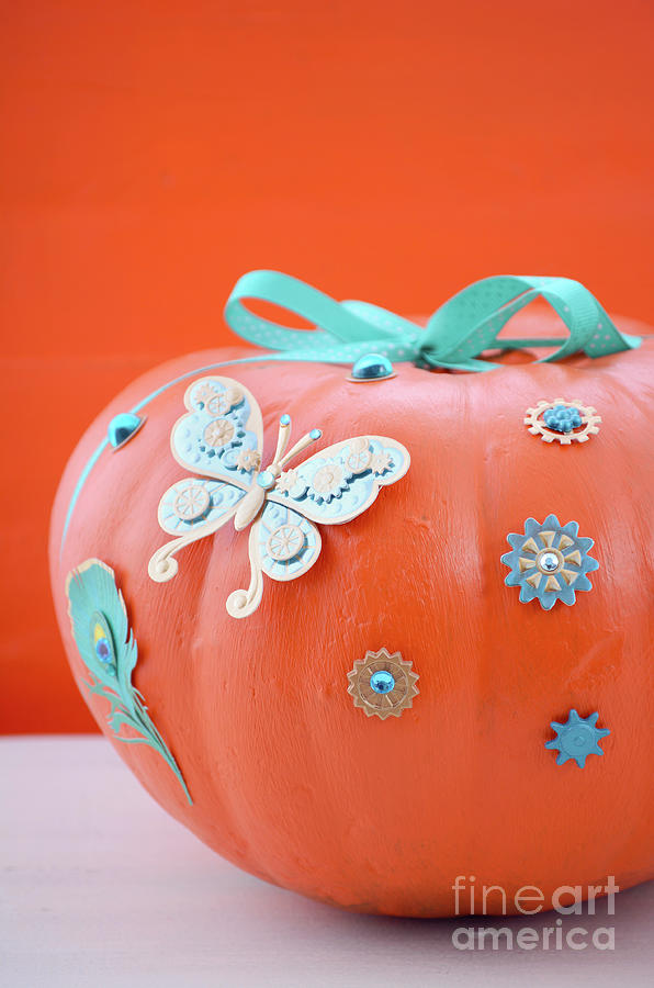 Hand painted and decorated orange pumpkin. #1 Photograph by Milleflore Images
