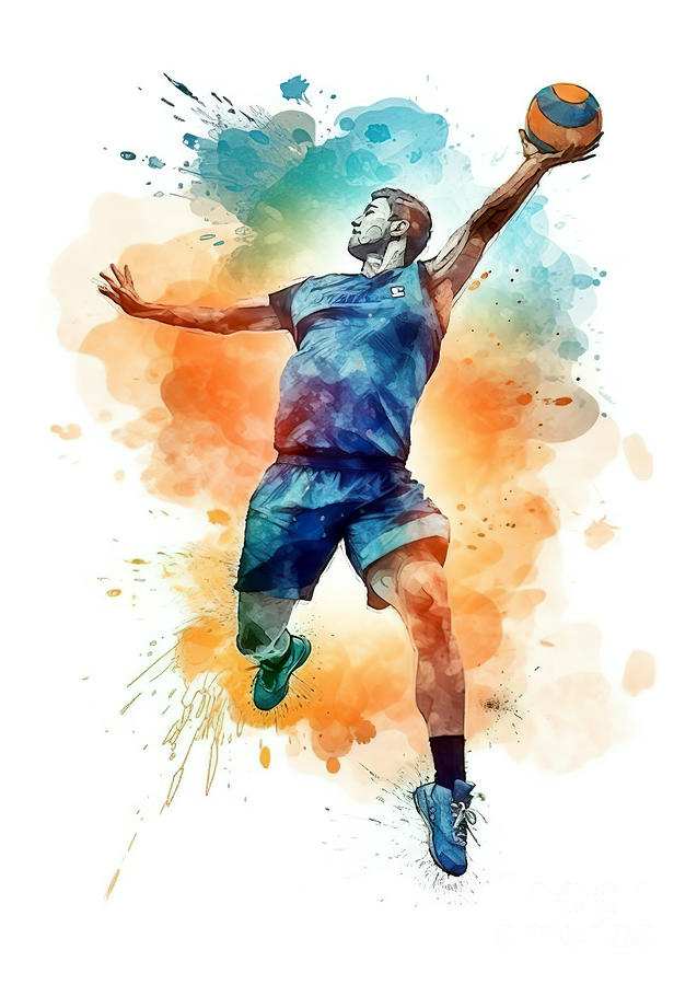Handball in action with colorful paint splash. #1 Digital Art by Odon Czintos