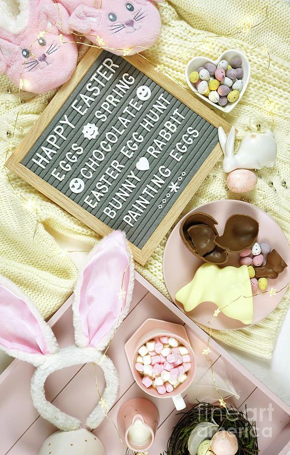 Happy Easter breakfast tray creative layout with Easter eggs and letter board. #1 Photograph by Milleflore Images