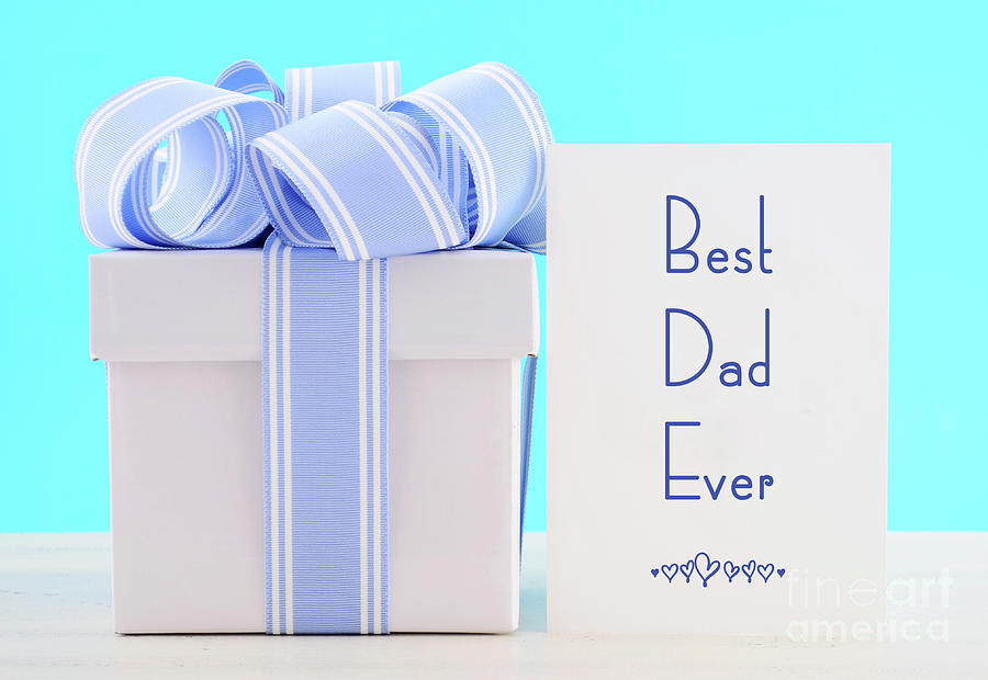 Happy Fathers Day Gift with Blue and White Ribbon #1 Photograph by Milleflore Images
