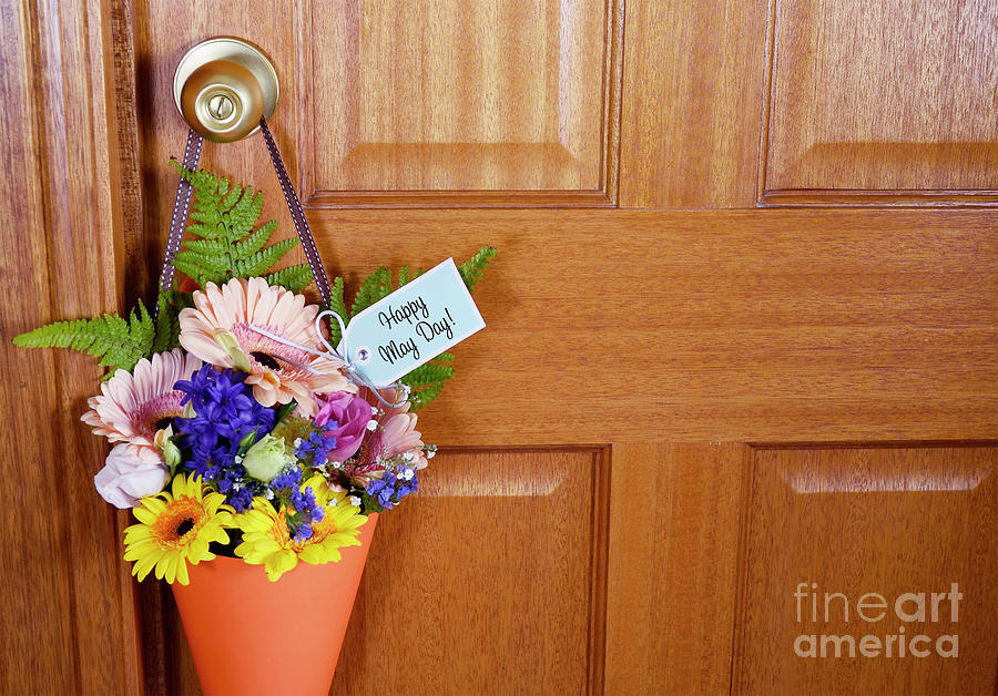 Happy May Day gift of flowers on door.  #1 Photograph by Milleflore Images