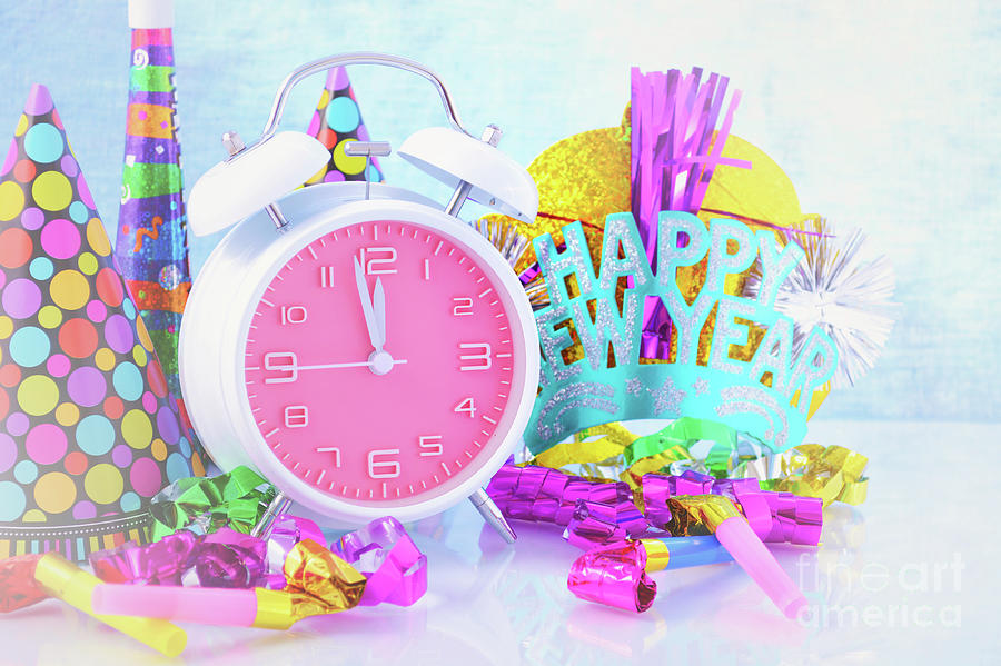 Happy New Year Clock and Party Decorations. #1 Photograph by Milleflore Images