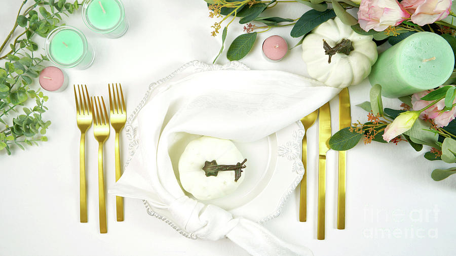 Happy Thanksgiving table setting with modern white pumpkins centerpiece. #1 Photograph by Milleflore Images