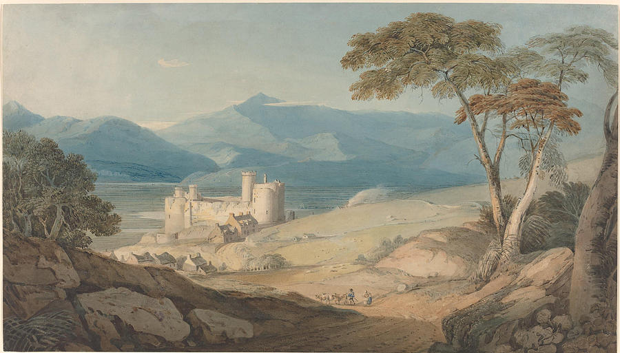 Harlech Castle and Snowdon #2 Drawing by John Varley