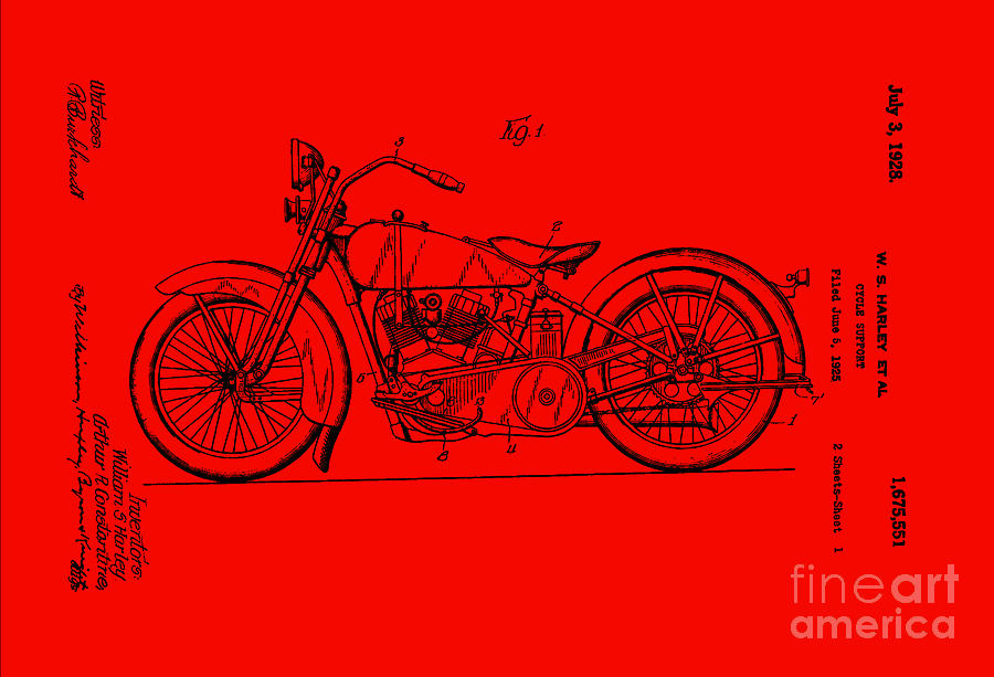 Harley Davidson Patent Mechanical Drawing 1920s Horizontal Red Background Digital Art by Peter Ogden