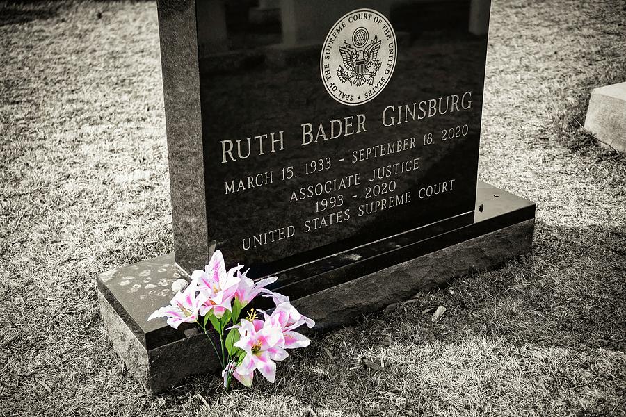 Black And White Photograph - Headstone of Supreme Court Justice Ruth Bader Ginsburg #1 by US Army Elizabeth Fraser