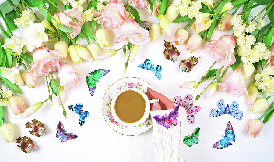Hello Spring relaxing tea break concept flat lay. #1 Photograph by Milleflore Images