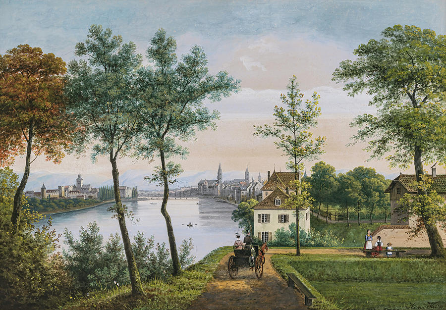 Hendrik Johannes Knip 1819 s Hertogenbosch - 1897 o. 1911 View over the Rhine to Basel #1 Painting by MotionAge Designs