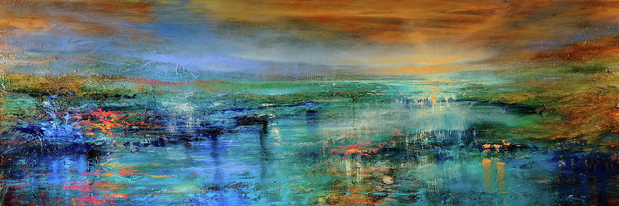 Here and Now - sunset in abstract landscape with water reflections #1 Painting by Annette Schmucker