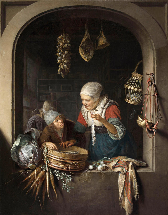 Gerrit Dou Painting - Herring Seller and Boy  #1 by Gerrit Dou