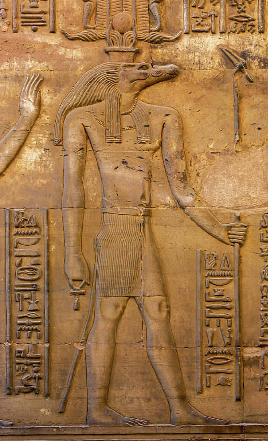 Hieroglyphic carvings of Sebek god Relief by Mikhail Kokhanchikov