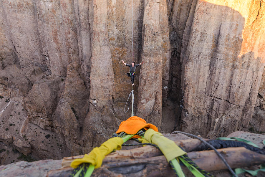 Highlining in Piedra Parada, south Patagonia, Argentina #1 Photograph by Alex Eggermont