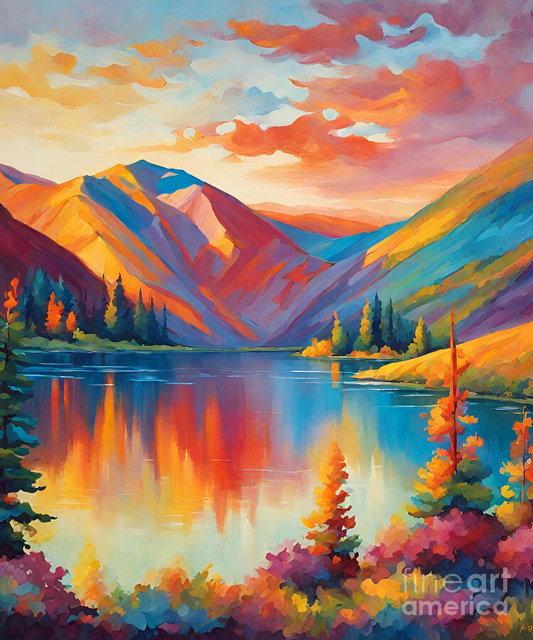 Hills and Lake painting #1 Painting by Naveen Sharma