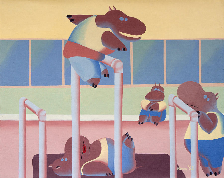 Hippos Painting - Hippo Gymnasts #1 by Romy Muirhead
