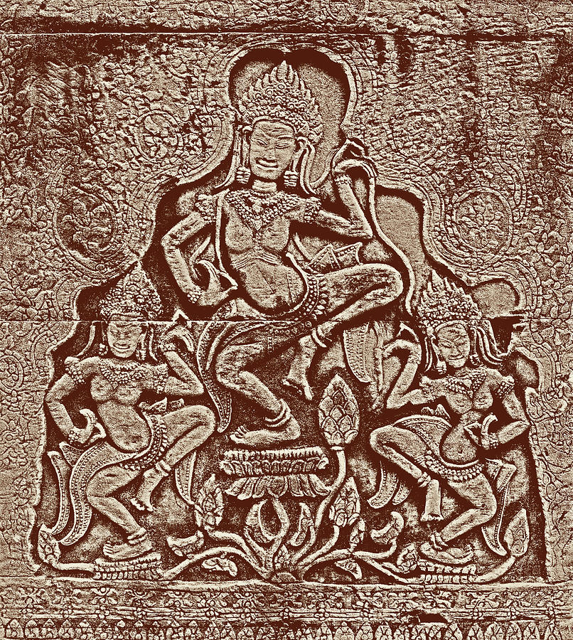 Historic Khmer bas-relief with dancing Hindu goddesses #1 Relief by Mikhail Kokhanchikov