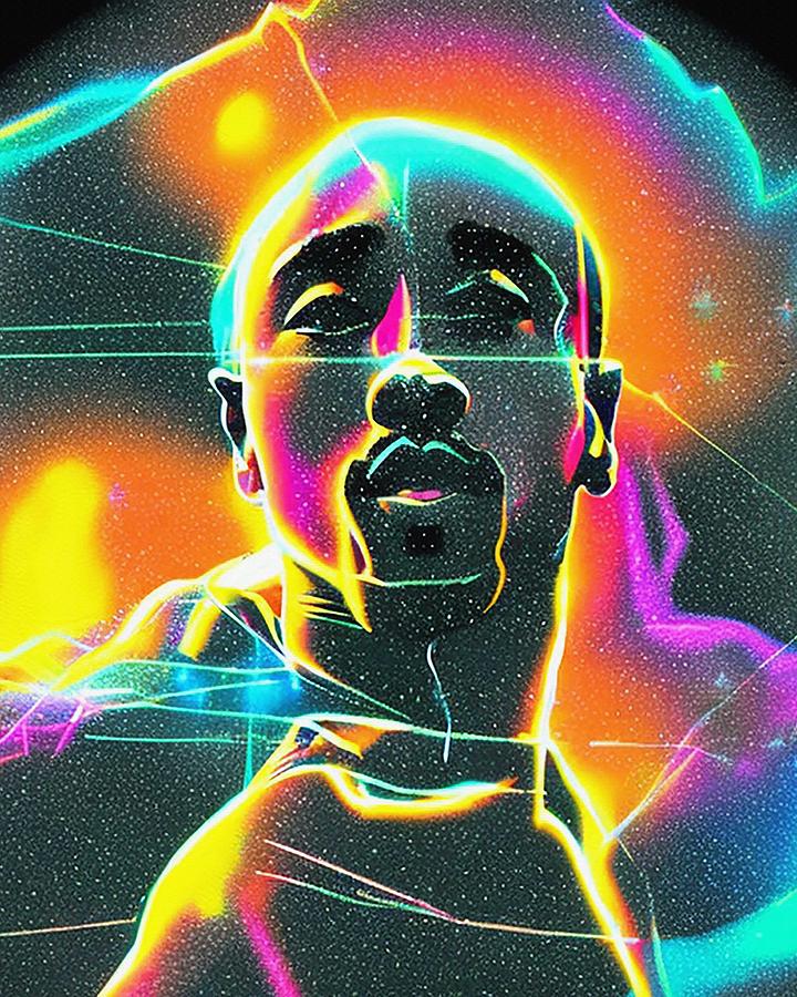 Hologram Of Tupac Floating In Space A Vibrant Digital Illustration