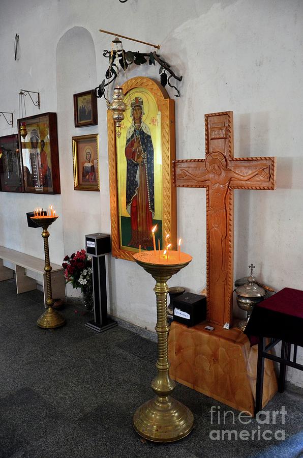 Architecture Photograph - Holy paintings and symbols inside Georgian Orthodox St Barbaras Church Batumi Georgia #2 by Imran Ahmed