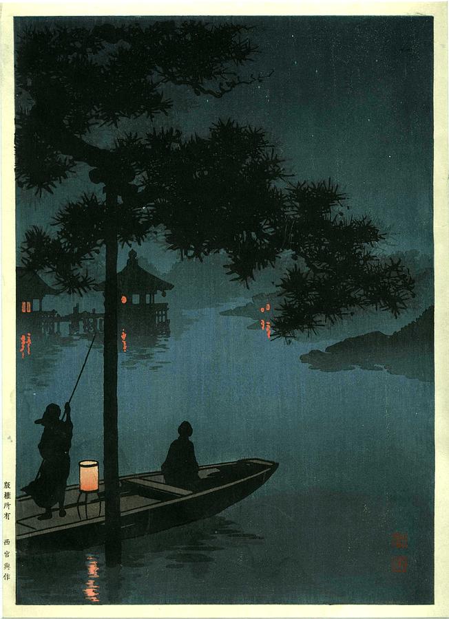 Home sweet home - slight night lights in old Japan - Lake Biwa by Koho Shoda #1 Painting by Artistic Rifki