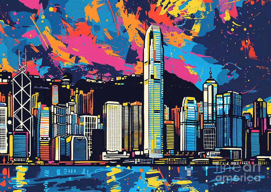 Hong Kongs Skyline With Skyscrapers Towering In The Dark Painting