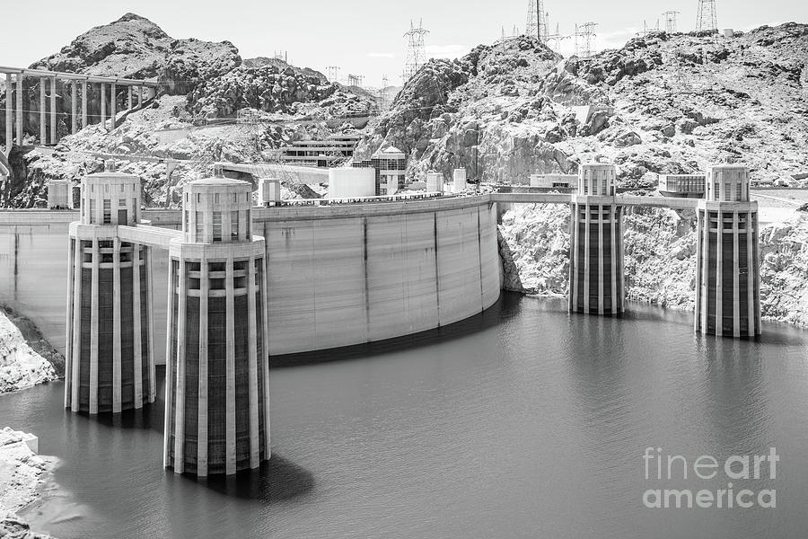 Hoover Dam and Intake Towers Black and White Photo #1 Photograph by Paul Velgos