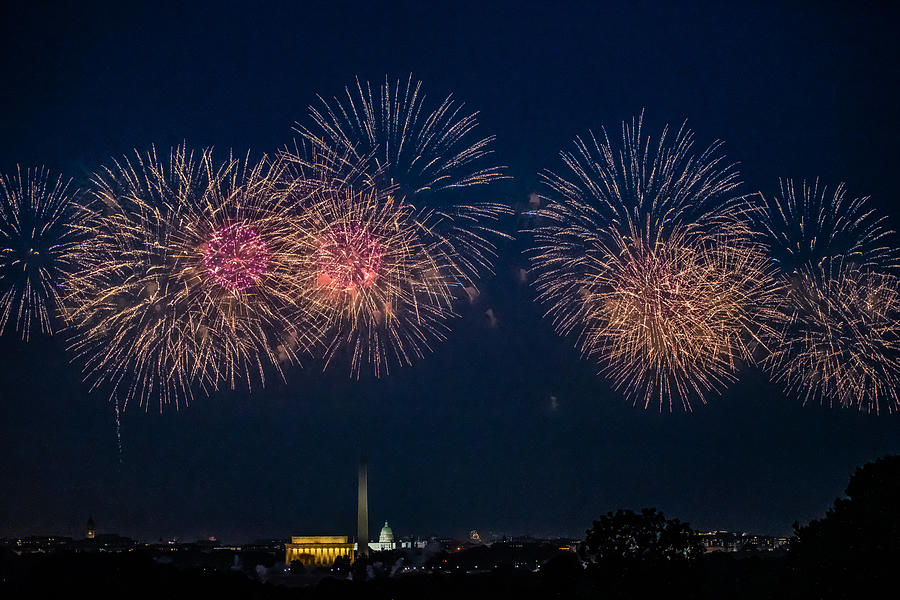Horizontal color image of view from Arlington Ridge Park of White House and memorials in Washington DC surrounded by fireworks #1 Photograph by Melodie Yvonne