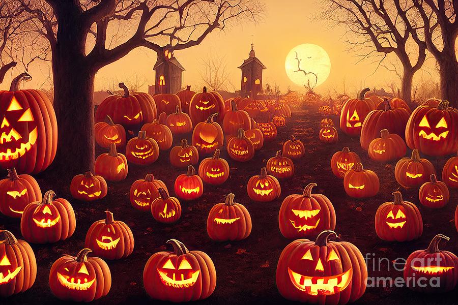horror pumpkins of Halloween in the cemetery #1 Digital Art by Benny Marty