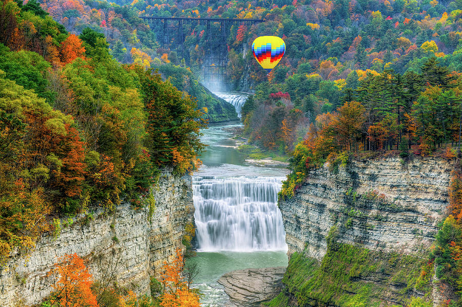 Hot Air Balloon Over The Middle Falls At Letchworth State Park Photograph by Jim Vallee