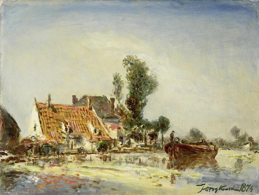 Houses on a Waterway near Crooswijk #2 Painting by Johan Barthold Jongkind