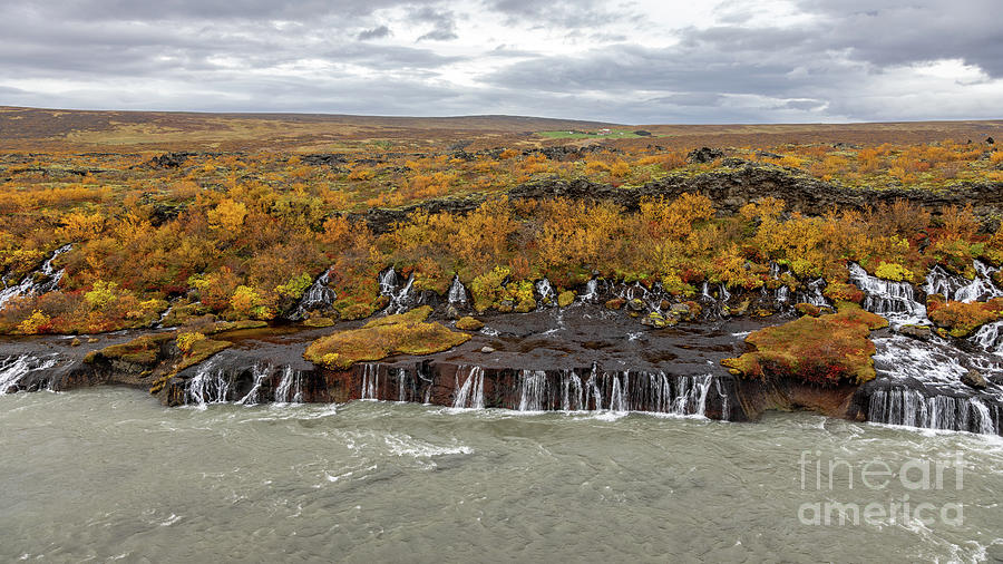Hraunfossar or Lava Falls, Snaefellsnes peninsula, Iceland. This fairytale location sees multiple waterfalls cascading through volcanic rock. The autumn colours of yellow and red add to the magic. #1 Photograph by Jane Rix