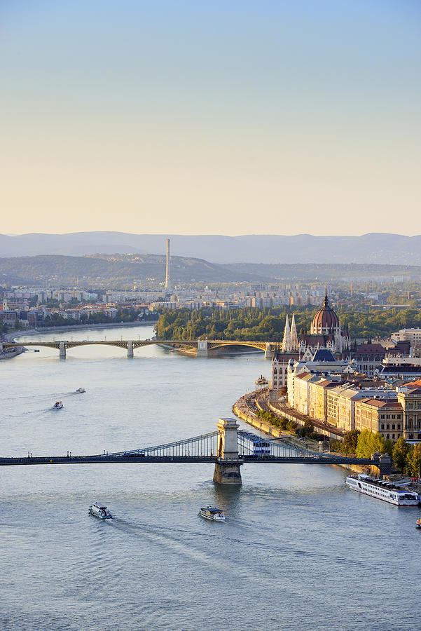 Hungary, Budapest, View to River Danube, Chain Bridge and Parliament Buildung, Margaret Bridge and Margaret Island #1 Photograph by Westend61