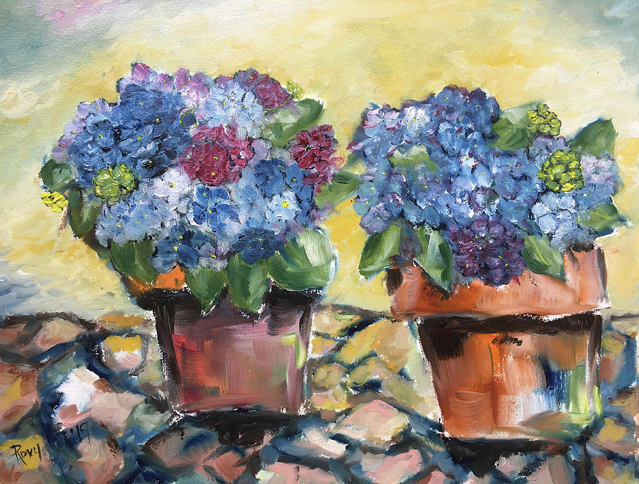 Hydrangeas on the Patio #1 Painting by Roxy Rich