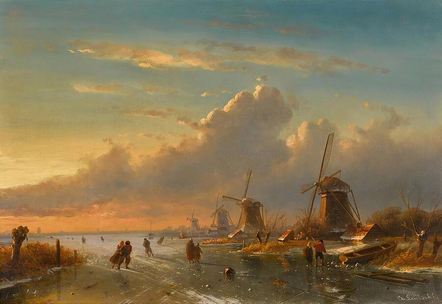 Sunset Painting - Ice Skaters at Sunset #1 by Charles Leickert Belgian