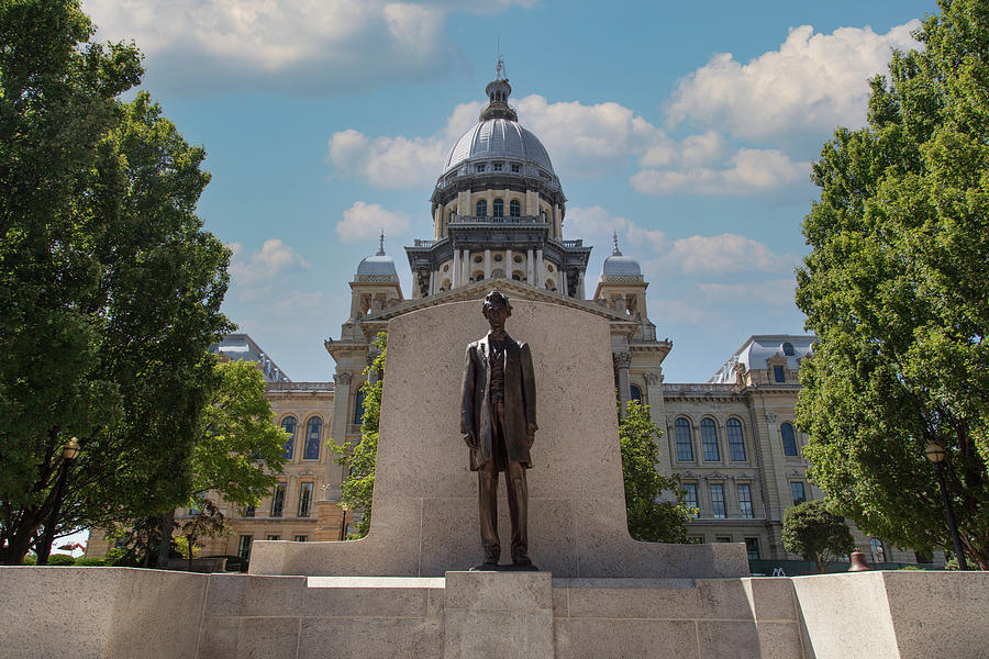 Illinois state capitol in Springfield, Illinois with Abraham Lincoln statue #1 Photograph by Eldon McGraw