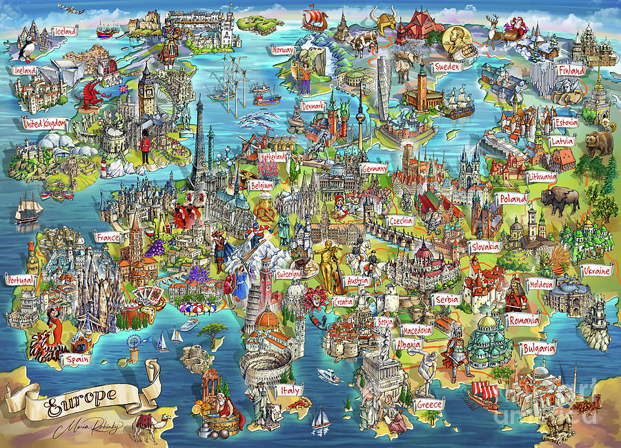 Illustrated Map of Europe #1 Digital Art by Maria Rabinky