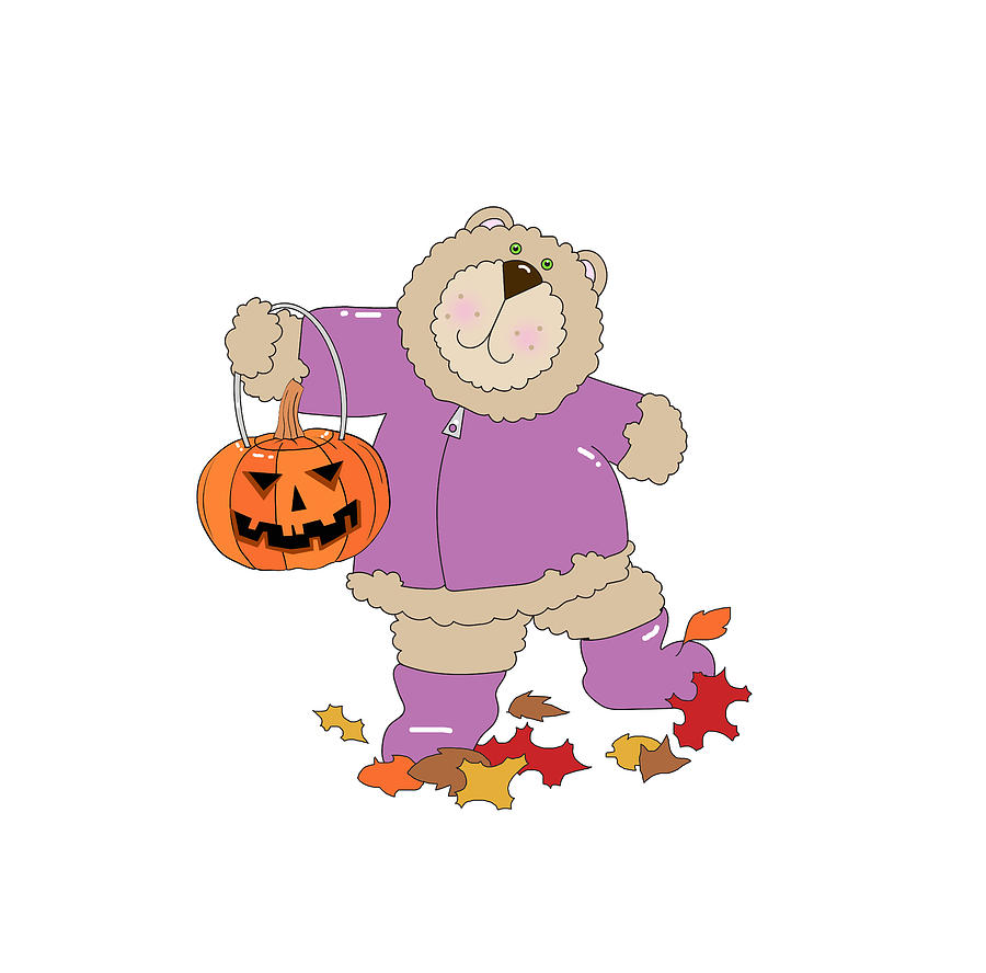 Illustration of a cute bear holding a jack-o-lantern on a white background #1 Photograph by Deb Perry