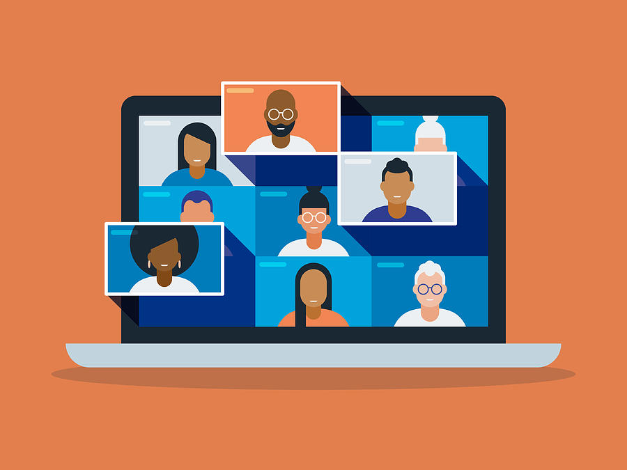 Illustration of a diverse group of friends or colleagues in a video conference on laptop computer screen Drawing by RLT_Images