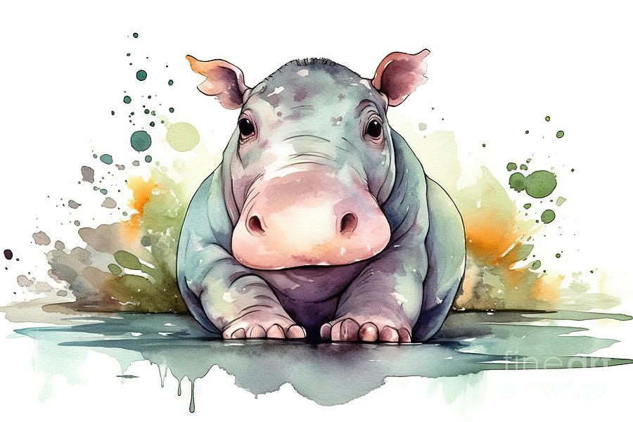 Hippopotamus Painting - Illustration of watercolor cute baby hippopotamus, #1 by N Akkash