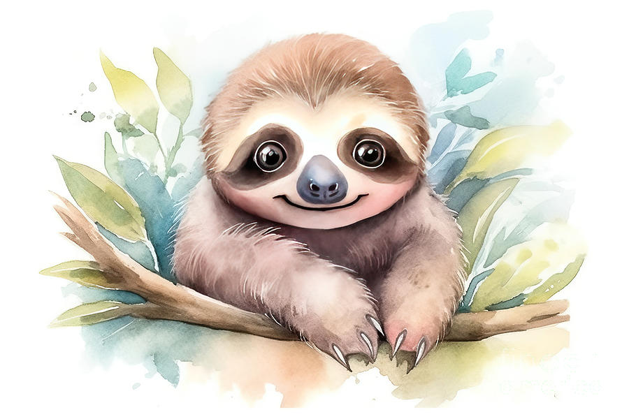 Nature Painting - Illustration of watercolor cute baby sloth, #1 by N Akkash