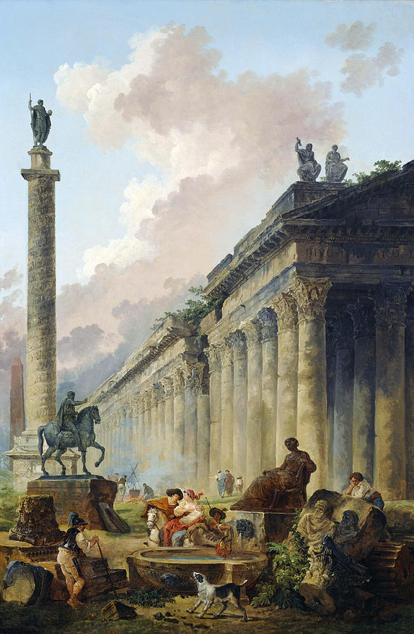 Hubert Robert Painting - Imaginary View of Rome with Equestrian Statue of Marcus Aurelius  the Column of Trajan and a Temple  #1 by Hubert Robert