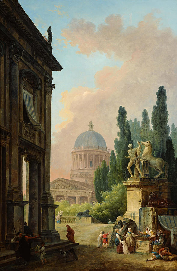 Hubert Robert Painting - Imaginary View of Rome with the Horse Tamer of the Monte Cavallo and a Church  #1 by Hubert Robert