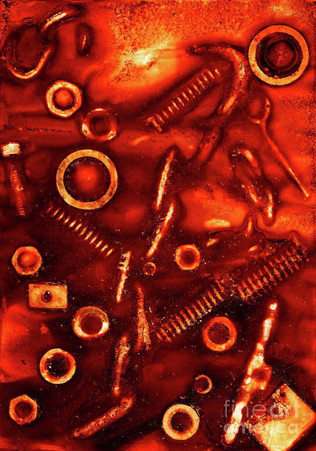Imprint of rusty bolts, nuts, springs and other items #1 Mixed Media by Michal Boubin