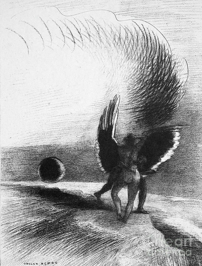 In the shadow of the wing, the black creature bit #1 Drawing by Odilon Redon