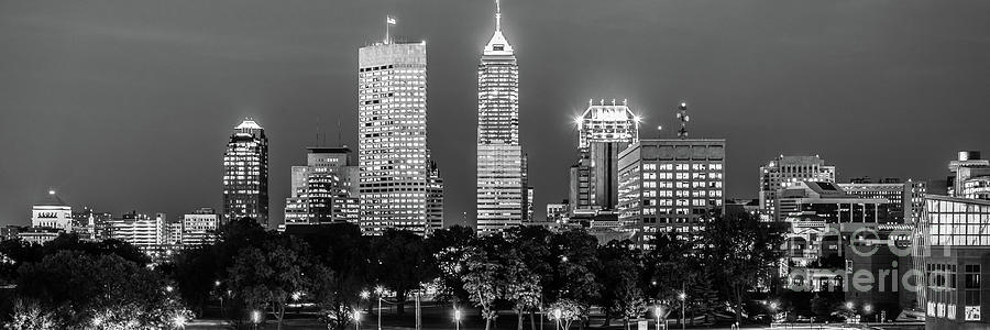 Indianapolis Skyline at Night Black and White Panoramic Photo #1 Photograph by Paul Velgos