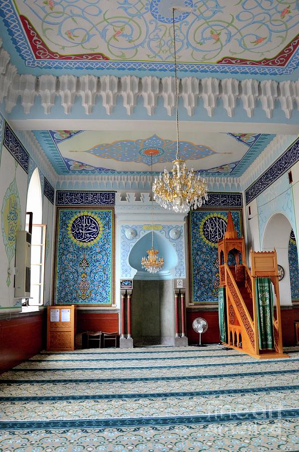 Interior Prayer Area With Blue Calligraphy Mihrab Columns Jumah Central Mosque Tbilisi Georgia Photograph