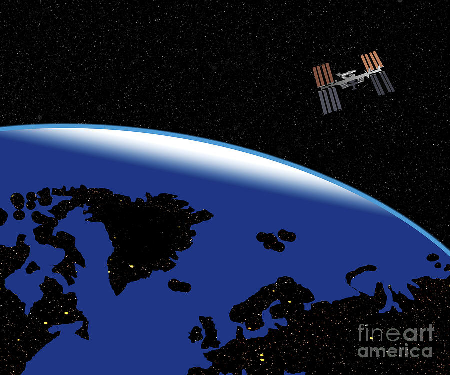 International Space Station or ISS orbiting over planet earth #1 Digital Art by Timothy OLeary